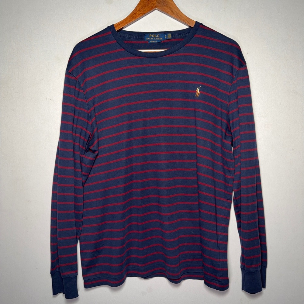 Polo Ralph Lauren T Shirt Mens Large Custom Slim Navy Red Stripe Cotton Long Slv